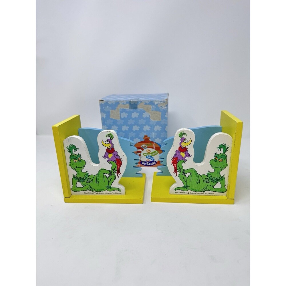 Vintage Dr. Seuss The Grinch & Bird Wood Bookends Set Child Reading Book Storage